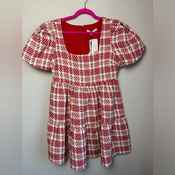NWT English Factory Tuckernuck Red & White Tweed Puff Sleeve Tiered Dress L - Picture 2 of 13